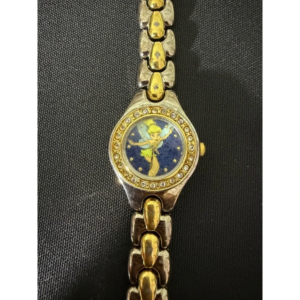 Disney Tinker Bell Watch MU0146 Silver Gold Two-Tone Rhinestone Bezel Blue Dial